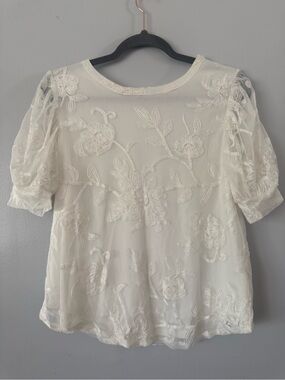 Kim & Cami White Floral Embroidered Sheer Mesh Puff Sleeve Top M